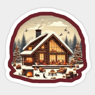 a warm and inviting cabin surrounded by a snowy landscape. and there's elements like a crackling fireplace, decorated Christmas tree, and a family or group of friends enjoying the holiday season inside. Sticker